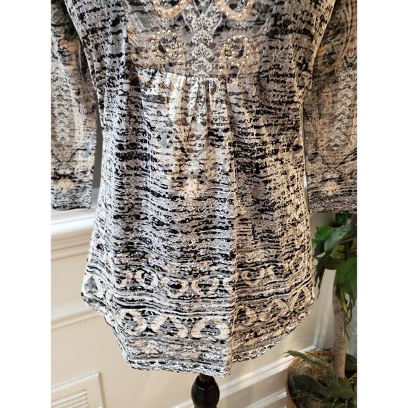 One World Gray Black Blouse SP Gray Black Embellished V Neck Stretch Boho Print - Picture 4 of 12